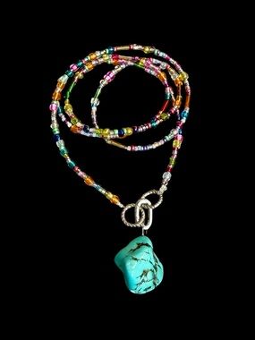 Multi Color Long Bead Necklace with Turquoise Stone.